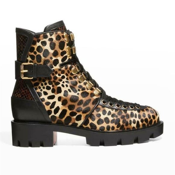 Christian Louboutin MACADEMIA Leopard Pony Lace Up Moto Biker Combat Boots - Picture 1 of 13